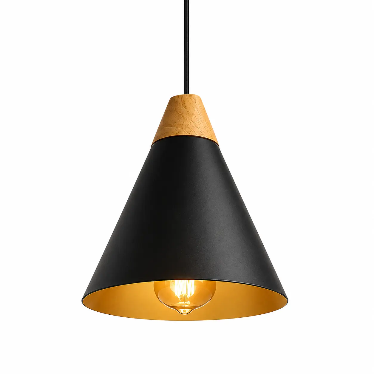 Suspension Cône Tête Bois KJDD-124 — Noir mat & bois